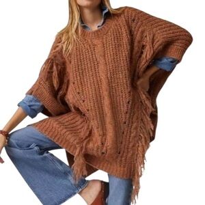 NEW Anthropologie Marled Fringe Poncho Bronze Boho Bohemian Sweater One Size NWT